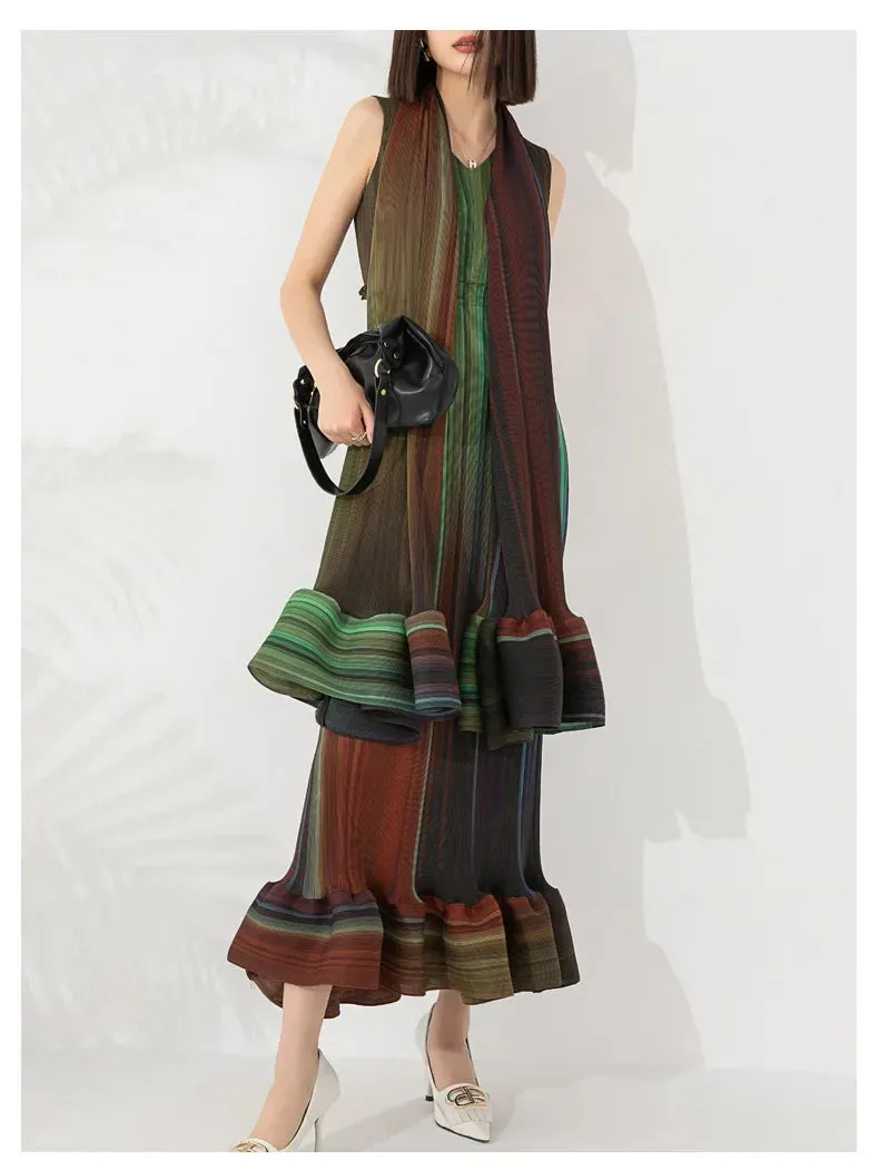 Women's Chic Pleated Sleeveless Midi Dress & Shawl Set