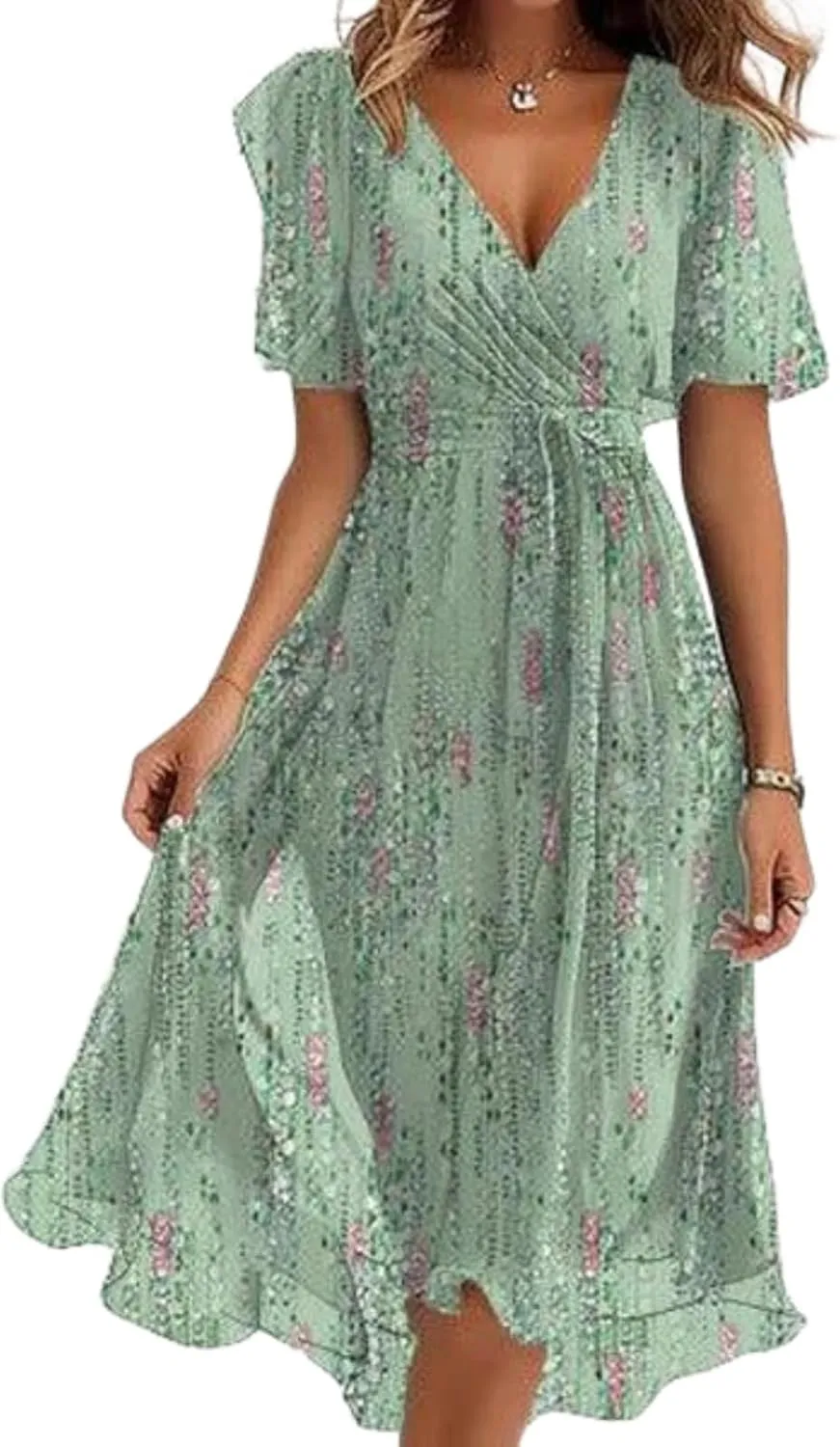 Women's Chic Wrap Dresses V Neck Flutter Sleeves Flowy Casual Floral Bohe Beach Vacation Midi Dress with Waist Tie