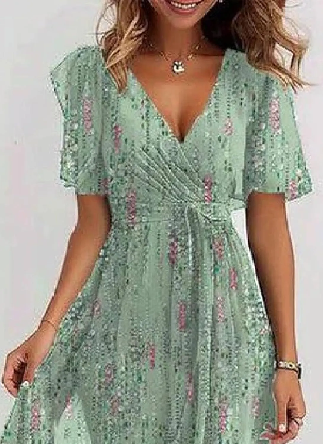 Women's Chic Wrap Dresses V Neck Flutter Sleeves Flowy Casual Floral Bohe Beach Vacation Midi Dress with Waist Tie