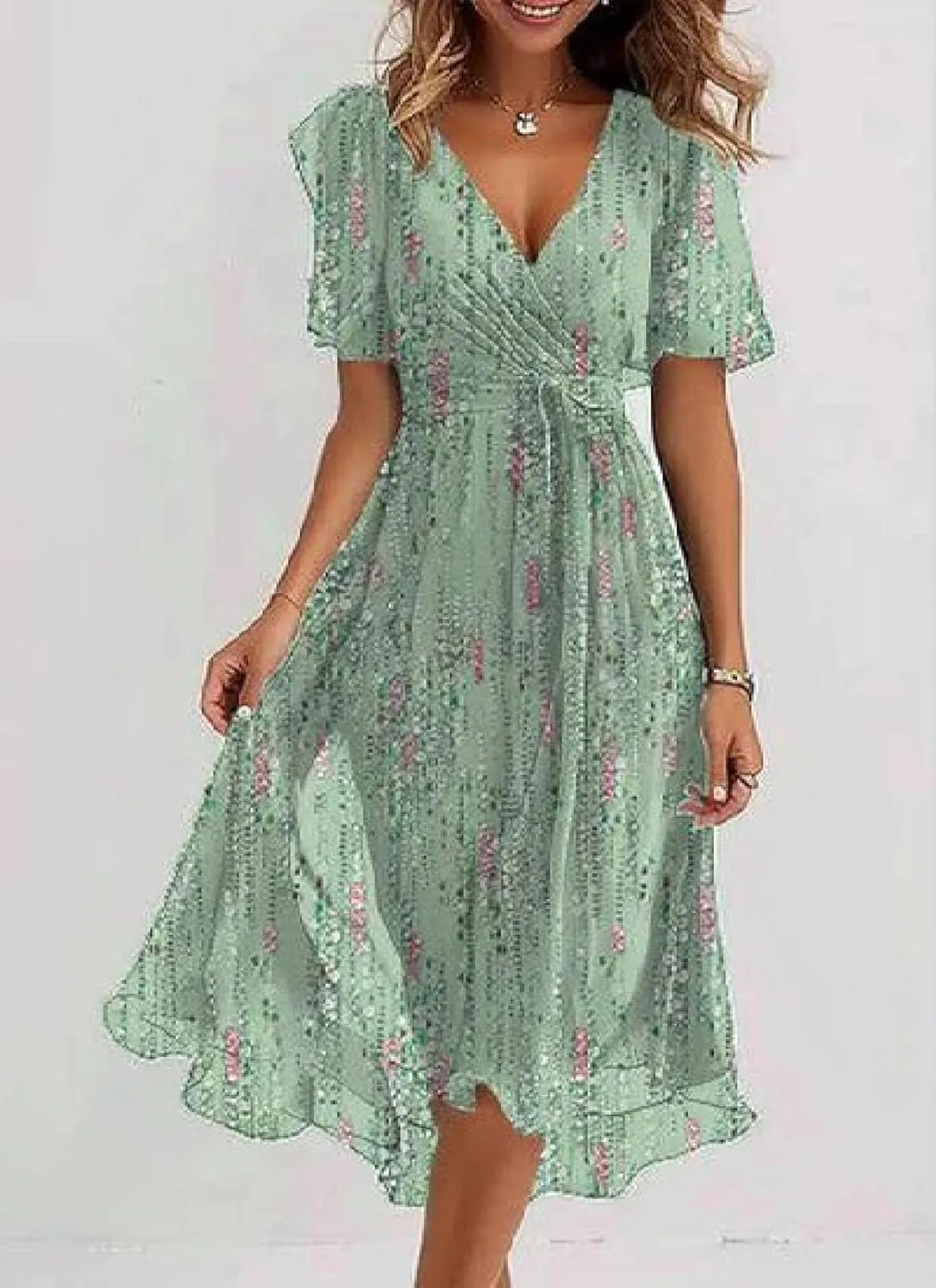 Women's Chic Wrap Dresses V Neck Flutter Sleeves Flowy Casual Floral Bohe Beach Vacation Midi Dress with Waist Tie