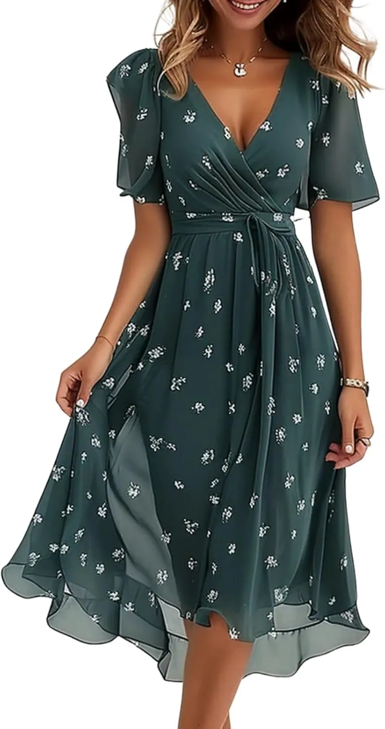 Women's Chic Wrap Dresses V Neck Flutter Sleeves Flowy Casual Floral Bohe Beach Vacation Midi Dress with Waist Tie