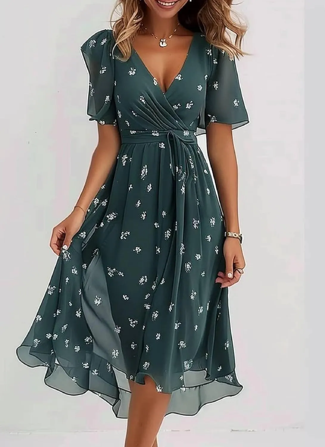 Women's Chic Wrap Dresses V Neck Flutter Sleeves Flowy Casual Floral Bohe Beach Vacation Midi Dress with Waist Tie