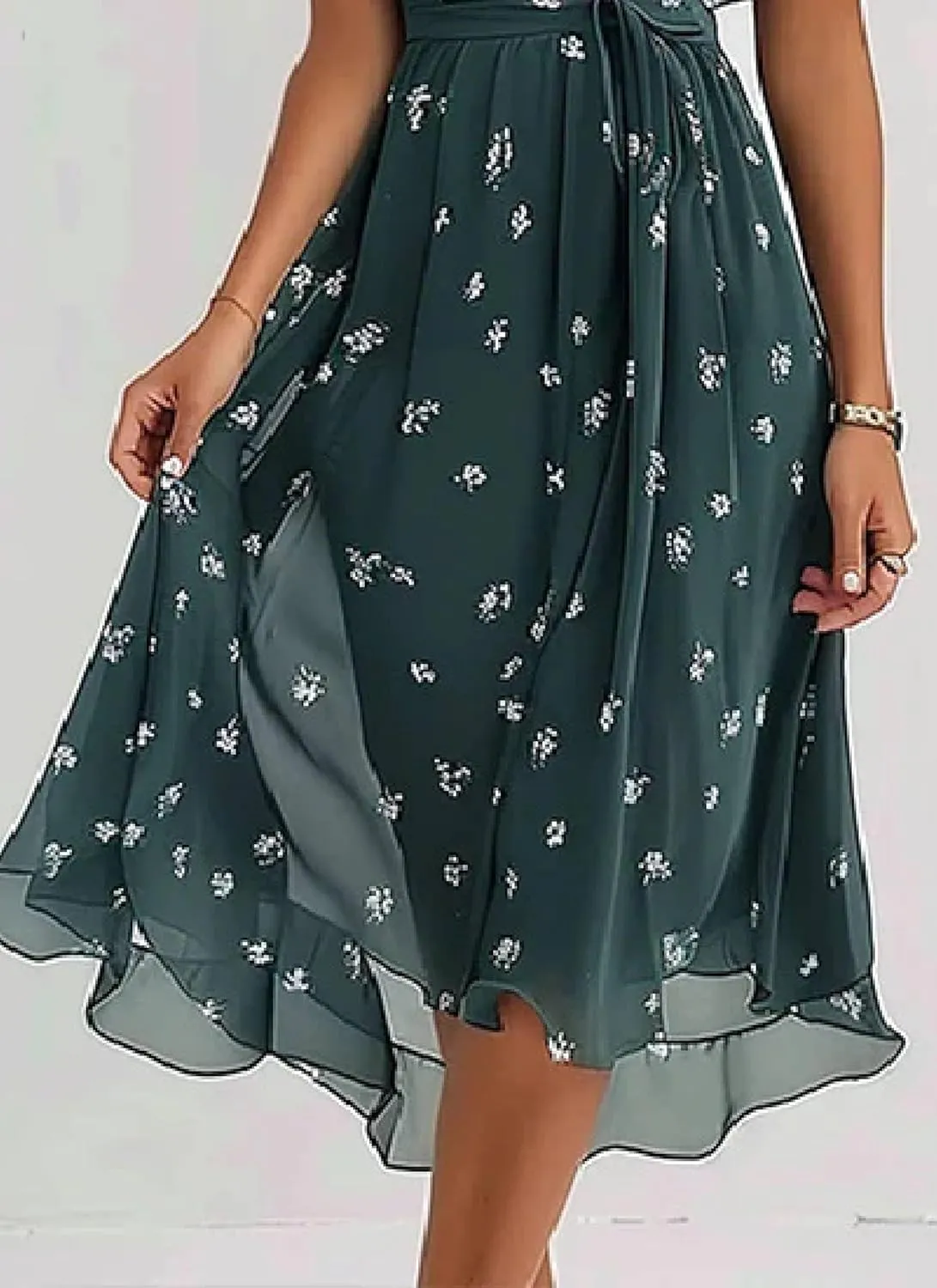 Women's Chic Wrap Dresses V Neck Flutter Sleeves Flowy Casual Floral Bohe Beach Vacation Midi Dress with Waist Tie