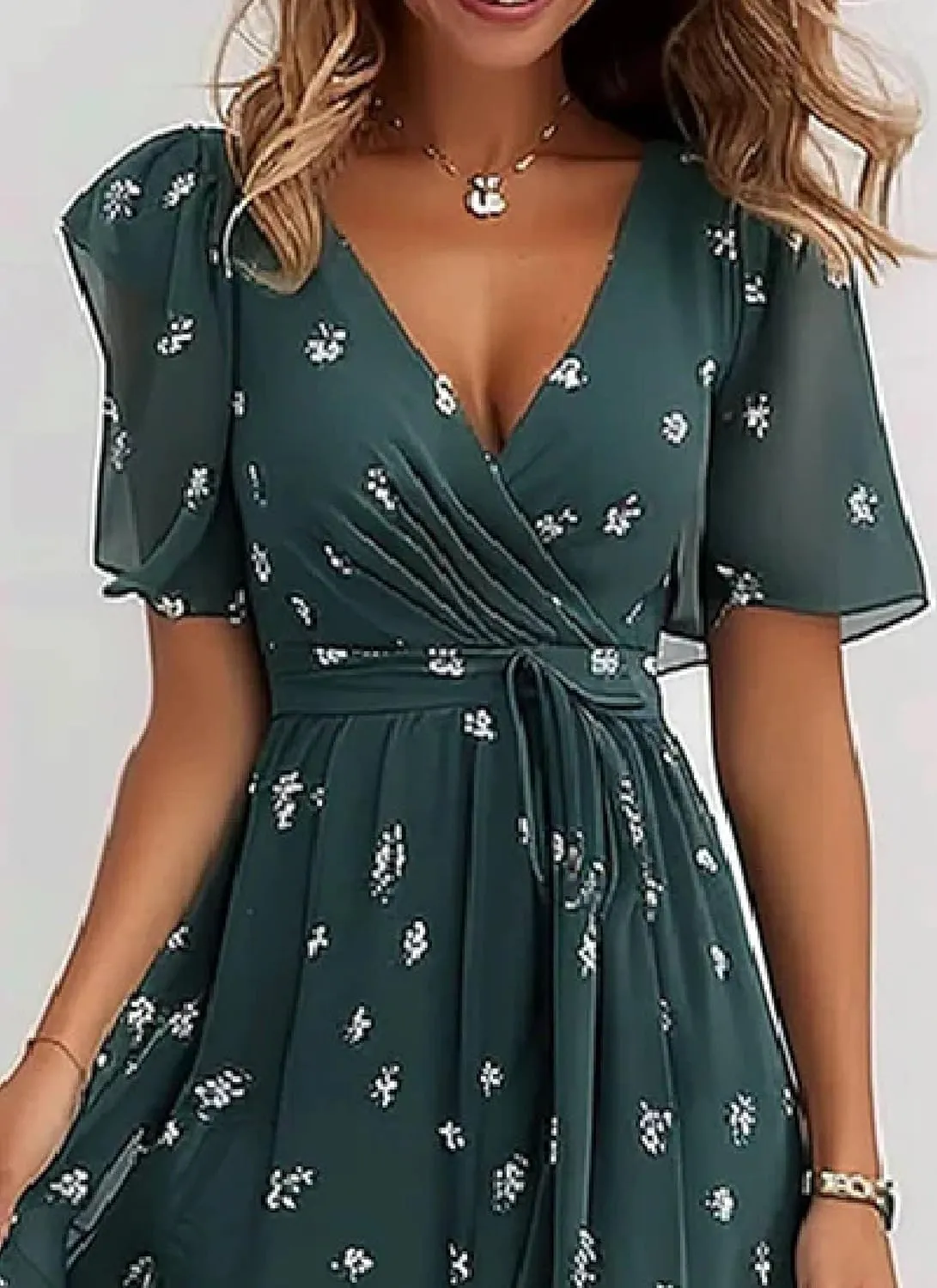 Women's Chic Wrap Dresses V Neck Flutter Sleeves Flowy Casual Floral Bohe Beach Vacation Midi Dress with Waist Tie