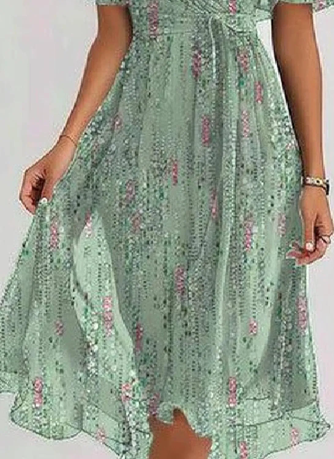 Women's Chic Wrap Dresses V Neck Flutter Sleeves Flowy Casual Floral Bohe Beach Vacation Midi Dress with Waist Tie
