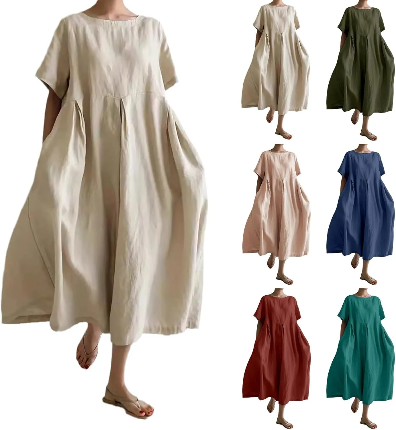 Women's Cotton Linen Dress Casual Crew Neck Short Sleeve Flowy Ruffle Hem Flowy Maxi Dress with Pockets