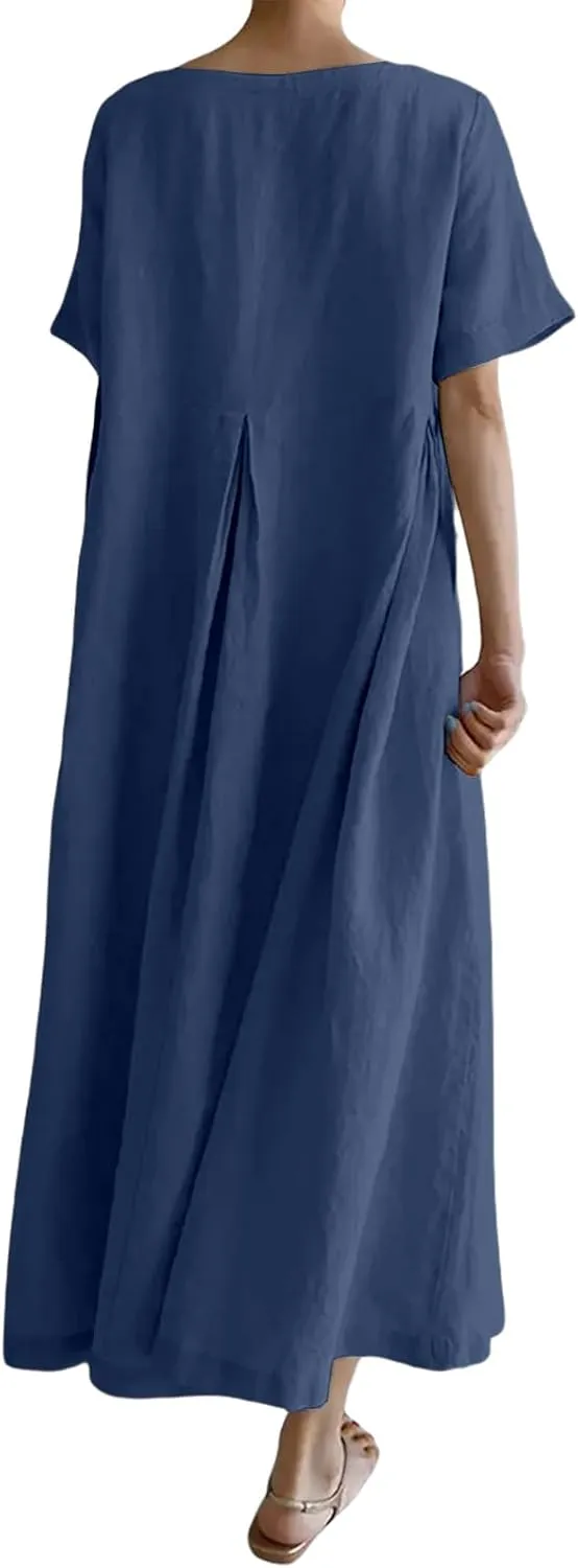 Women's Cotton Linen Dress Casual Crew Neck Short Sleeve Flowy Ruffle Hem Flowy Maxi Dress with Pockets