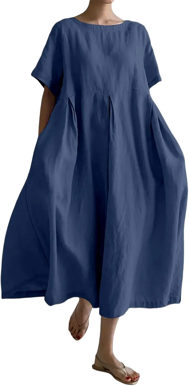 Women's Cotton Linen Dress Casual Crew Neck Short Sleeve Flowy Ruffle Hem Flowy Maxi Dress with Pockets