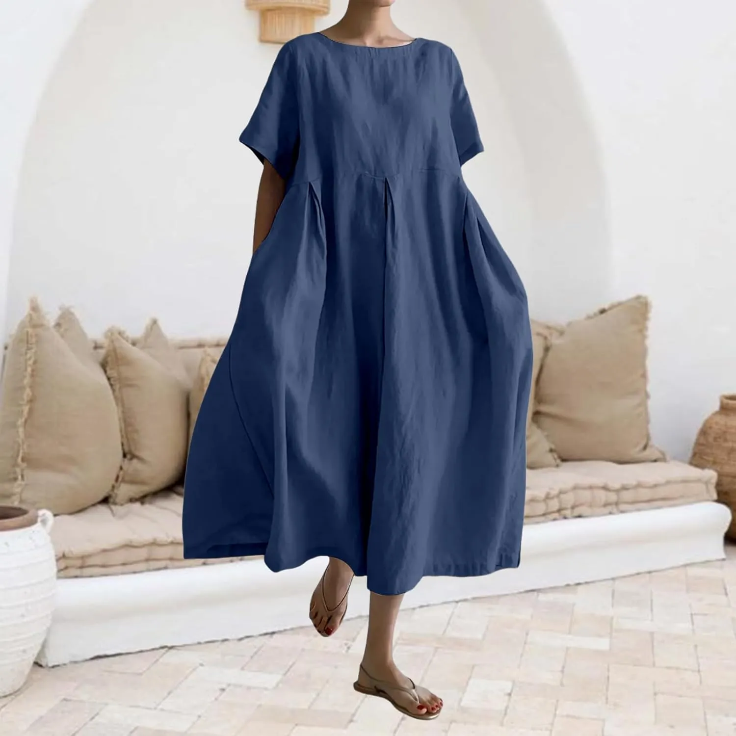Women's Cotton Linen Dress Casual Crew Neck Short Sleeve Flowy Ruffle Hem Flowy Maxi Dress with Pockets