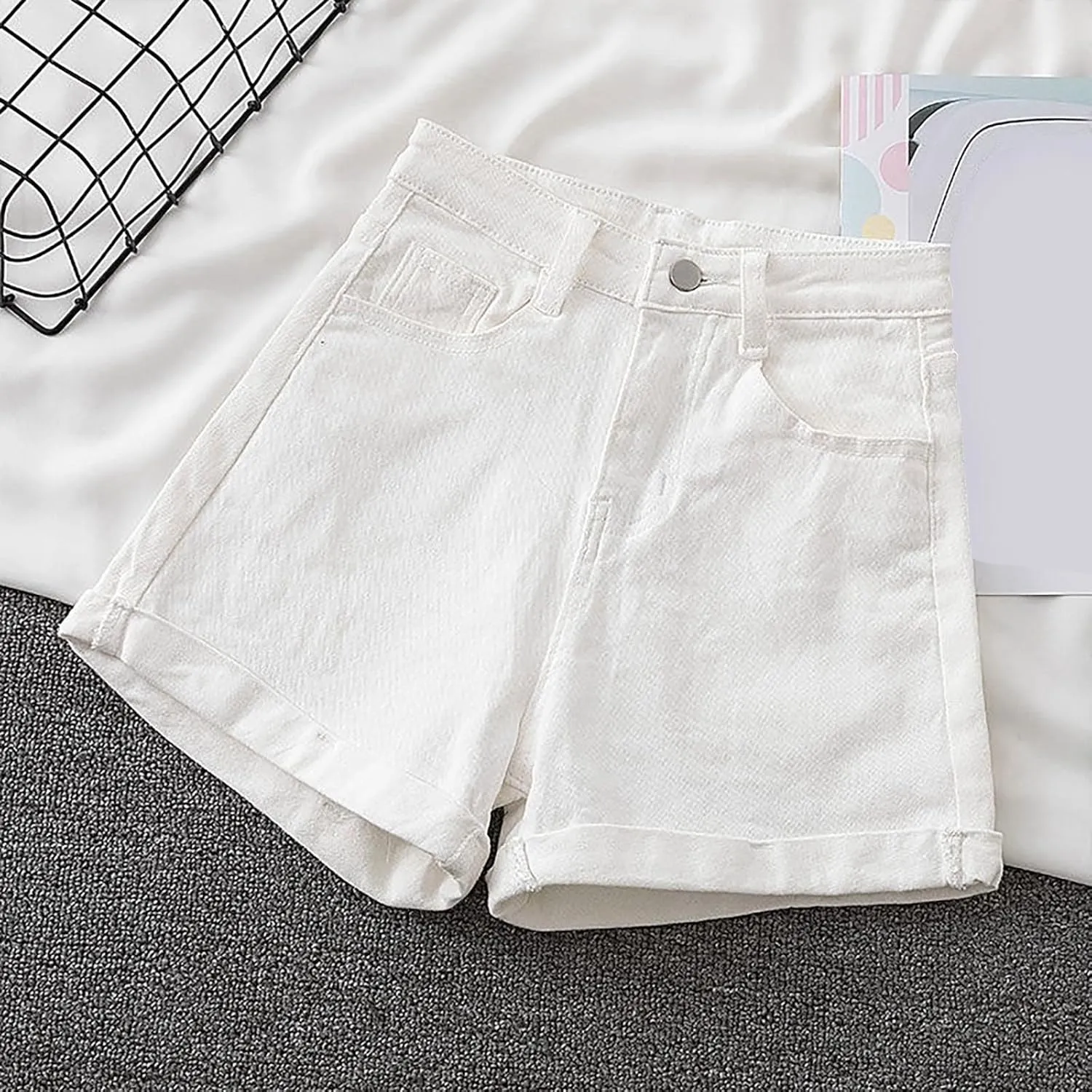 Women's Denim Shorts High Waisted Button Casual Soft Loose with Folded Hem Stretchy Trendy Jeans Shorts