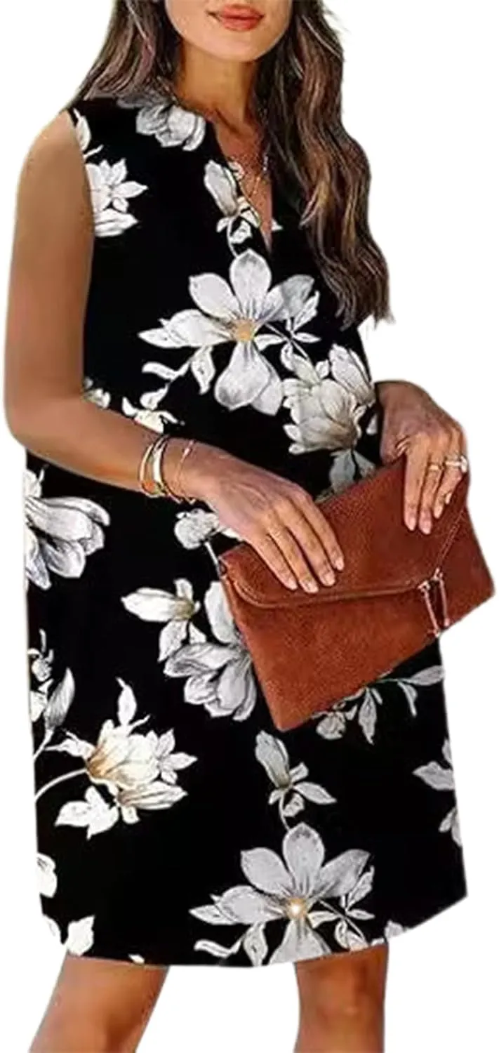 Womens Elegant Floral Print Sleeveless Tank Dresses 2025 Summer Casual V Neck Midi Shift Sundress Vacation Outfits