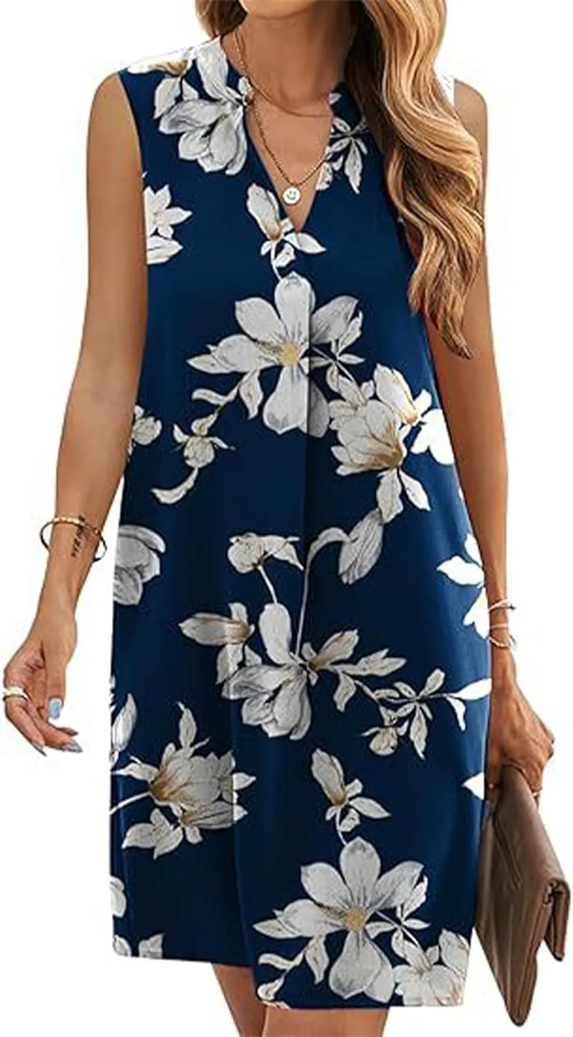 Womens Elegant Floral Print Sleeveless Tank Dresses 2025 Summer Casual V Neck Midi Shift Sundress Vacation Outfits