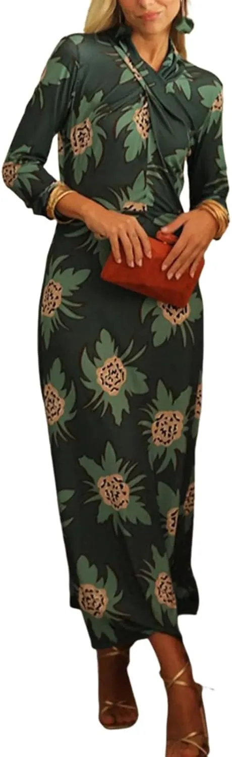 Women's Groovy Green Floral Print V Neck Long Sleeve Shift Maxi Dress 2025 Summer Casual Elegant Club Party Dresses
