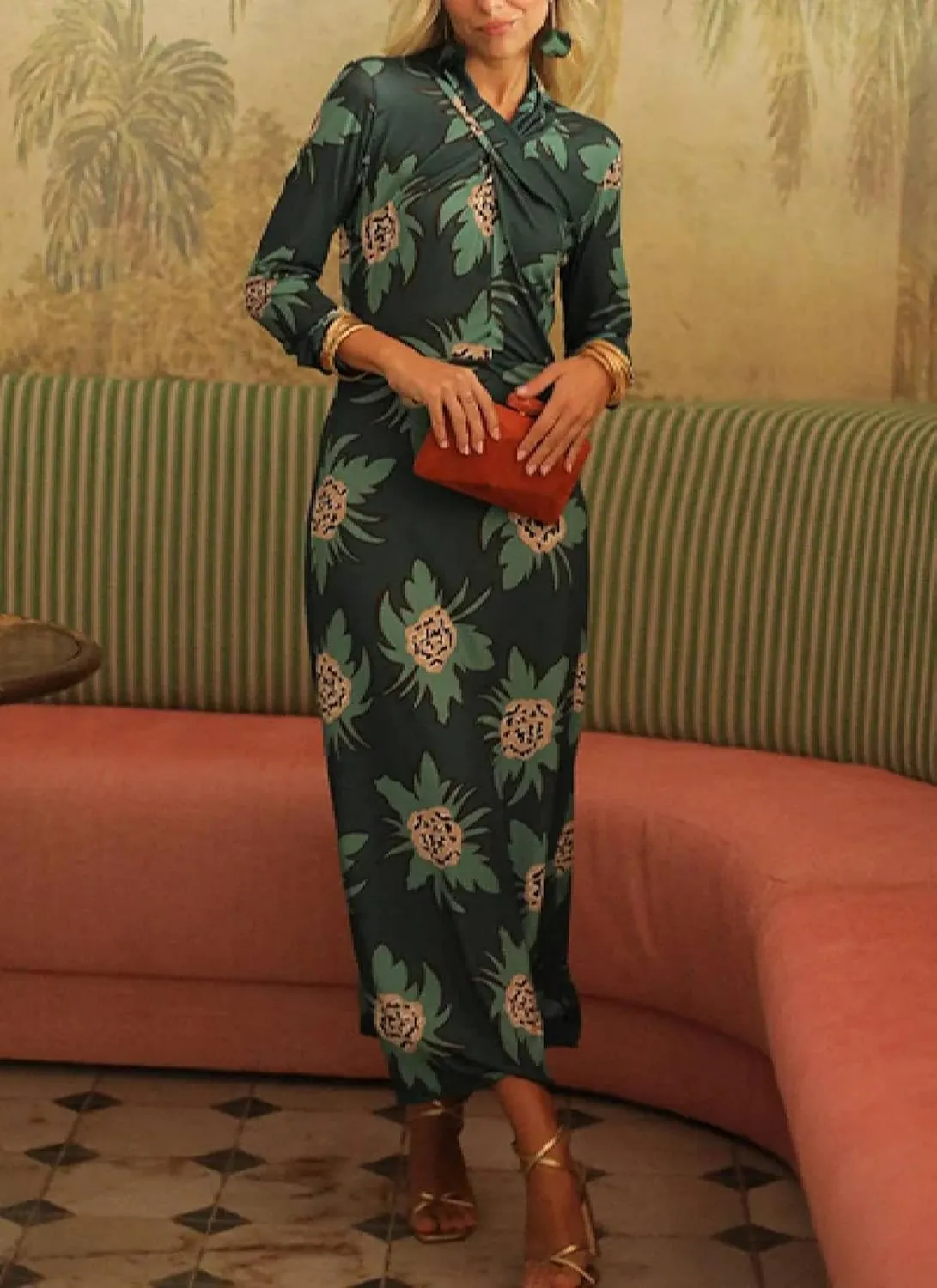 Women's Groovy Green Floral Print V Neck Long Sleeve Shift Maxi Dress 2025 Summer Casual Elegant Club Party Dresses