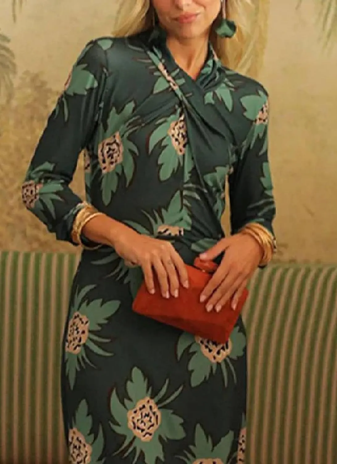 Women's Groovy Green Floral Print V Neck Long Sleeve Shift Maxi Dress 2025 Summer Casual Elegant Club Party Dresses