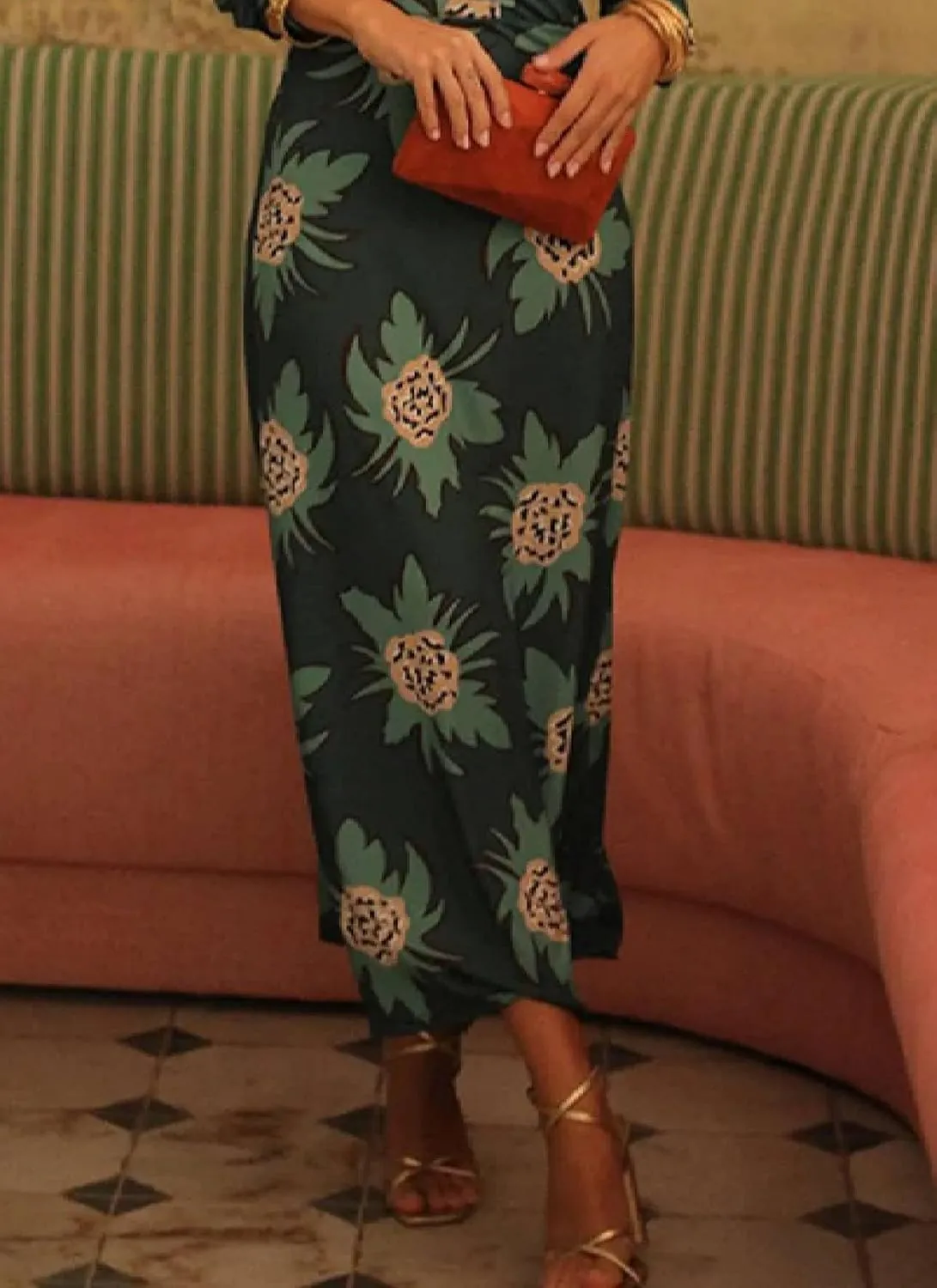 Women's Groovy Green Floral Print V Neck Long Sleeve Shift Maxi Dress 2025 Summer Casual Elegant Club Party Dresses