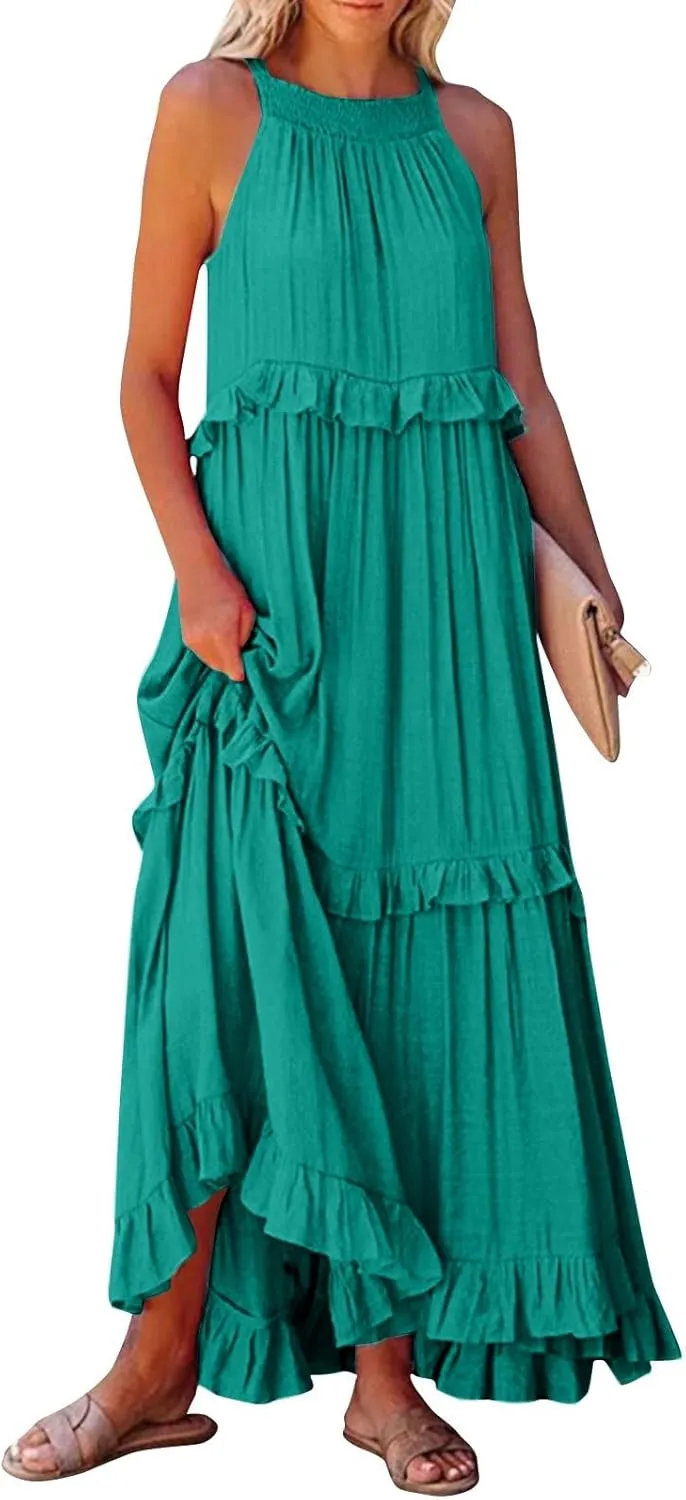 Womens Halter Dress Summer Tiered Flowy Maxi Dress Sleeveless Boho Ruffle Casual Beach Long Dress Wedding Guest Gress