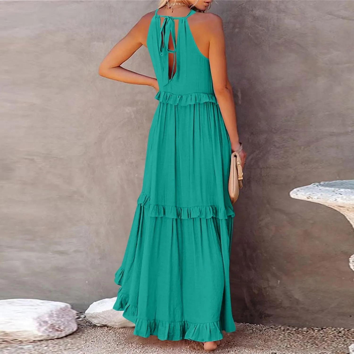 Womens Halter Dress Summer Tiered Flowy Maxi Dress Sleeveless Boho Ruffle Casual Beach Long Dress Wedding Guest Gress