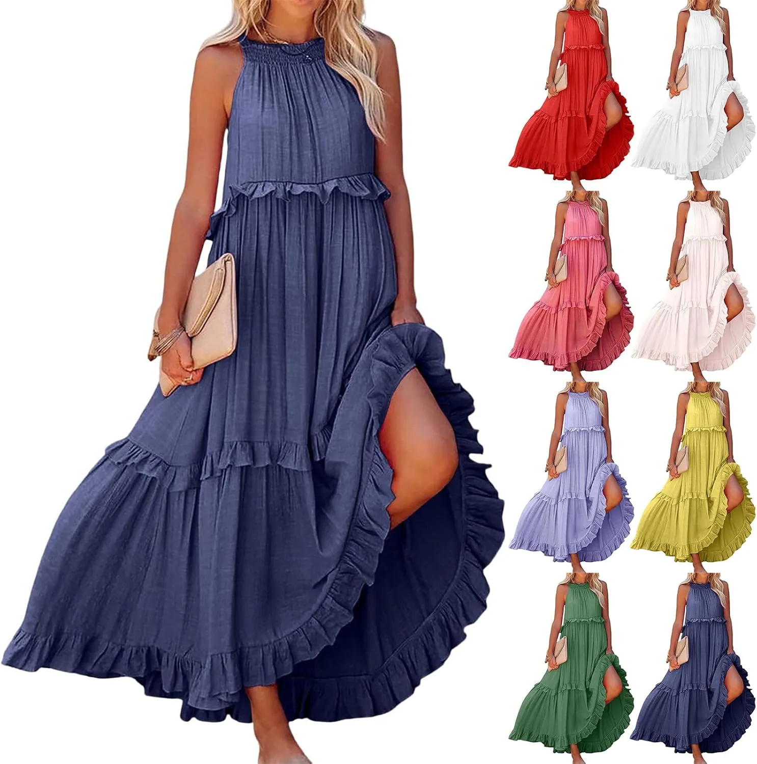 Womens Halter Dress Summer Tiered Flowy Maxi Dress Sleeveless Boho Ruffle Casual Beach Long Dress Wedding Guest Gress