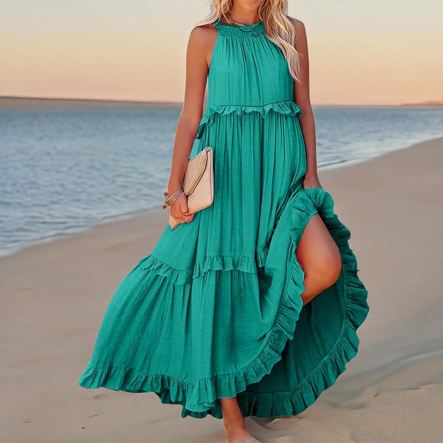 Womens Halter Dress Summer Tiered Flowy Maxi Dress Sleeveless Boho Ruffle Casual Beach Long Dress Wedding Guest Gress
