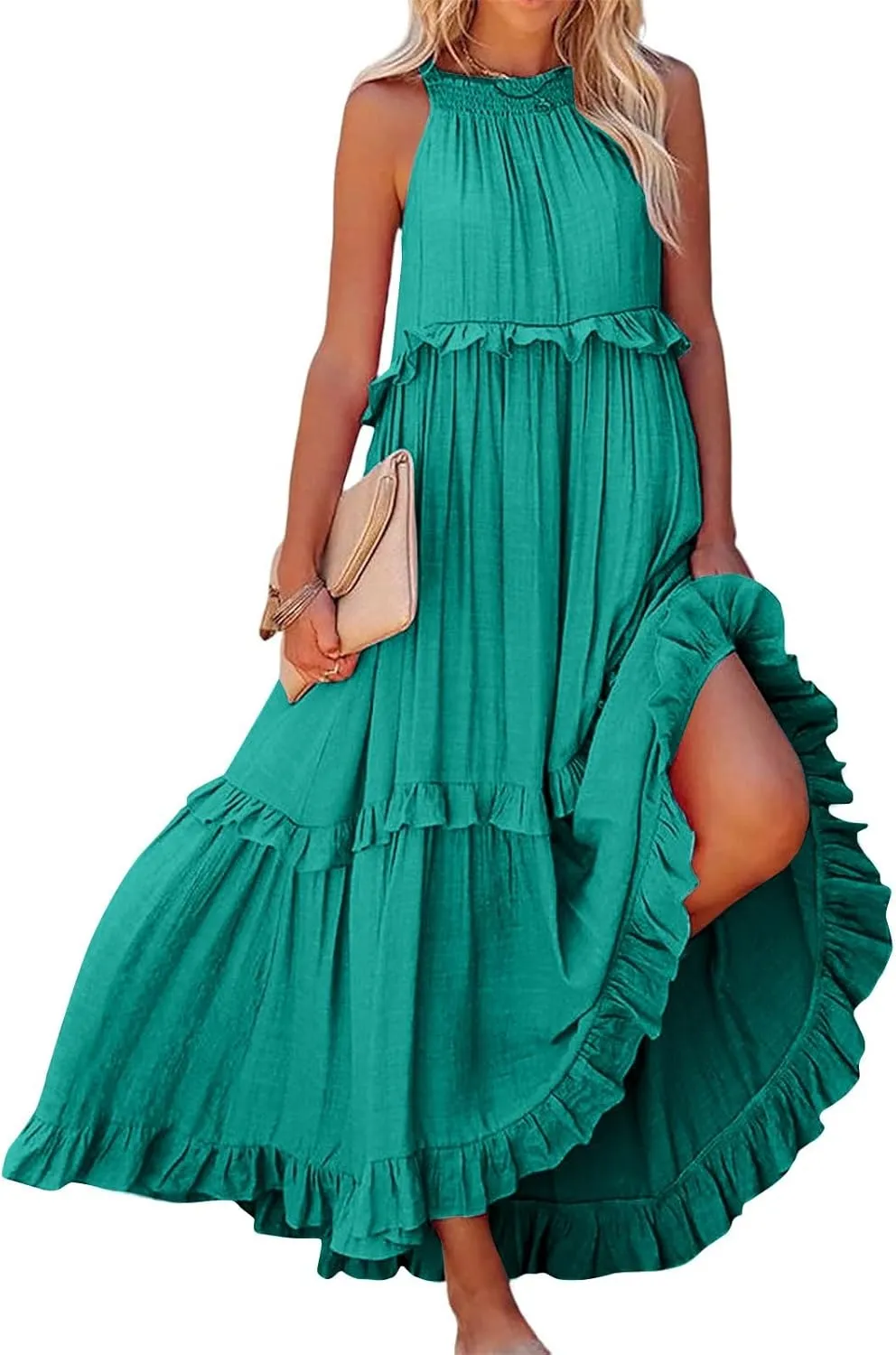 Womens Halter Dress Summer Tiered Flowy Maxi Dress Sleeveless Boho Ruffle Casual Beach Long Dress Wedding Guest Gress