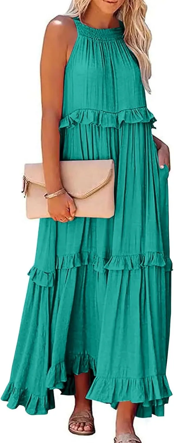 Womens Halter Dress Summer Tiered Flowy Maxi Dress Sleeveless Boho Ruffle Casual Beach Long Dress Wedding Guest Gress