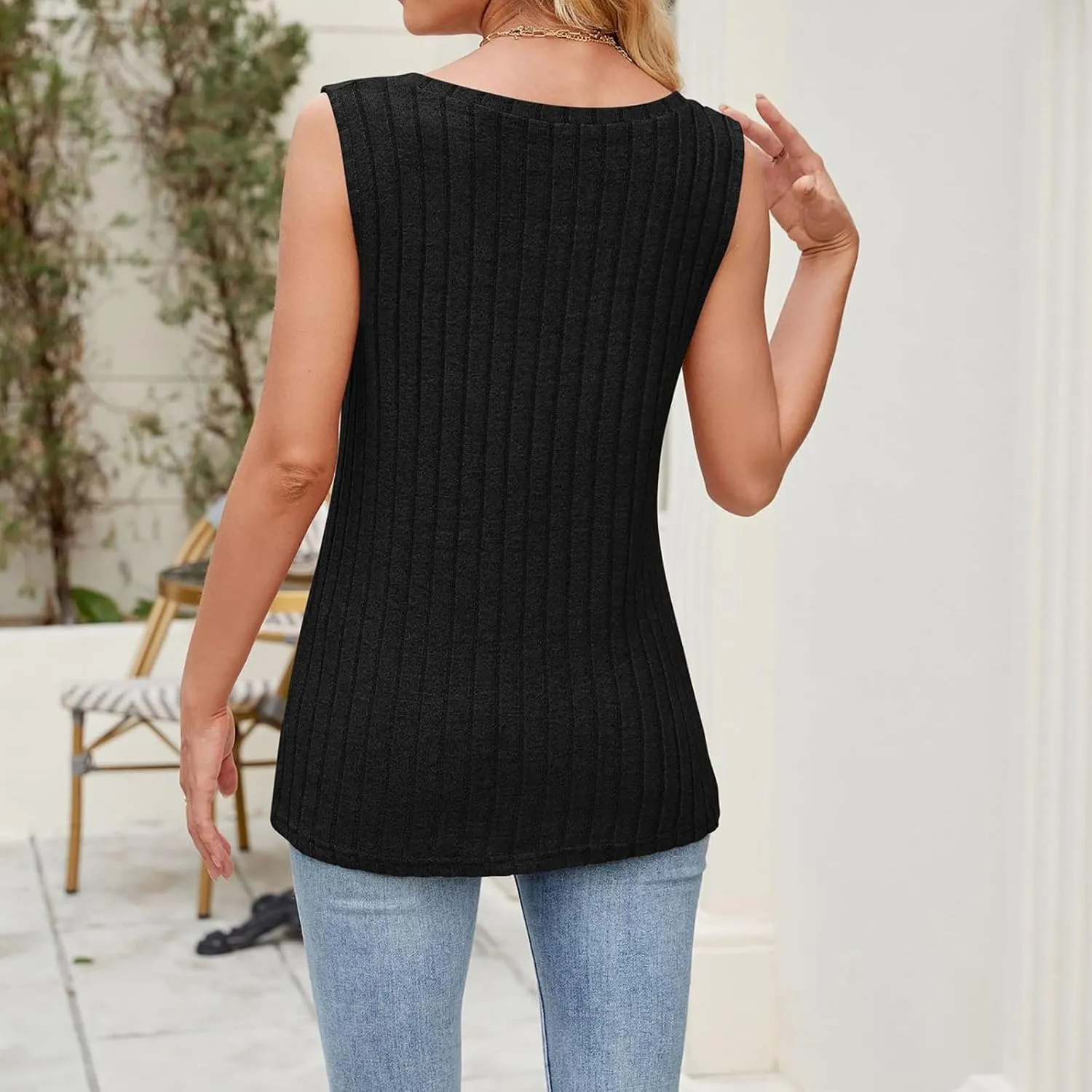 Women's Long Tank Tops Knit Sleeveless Casual Cozy T-Shirt V Neck Splicing Blouses Fashion Cozy Tanks with Pocket