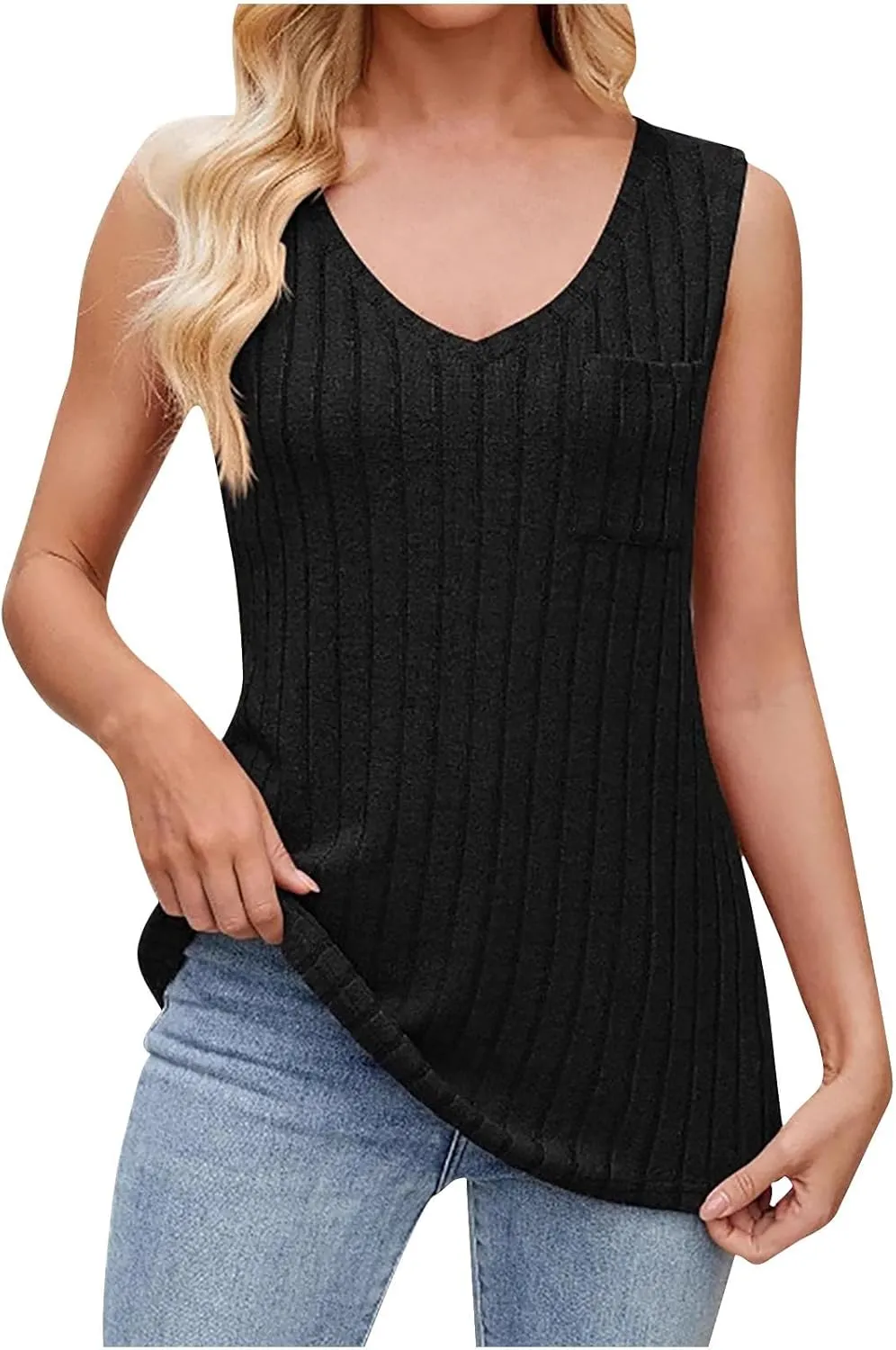 Women's Long Tank Tops Knit Sleeveless Casual Cozy T-Shirt V Neck Splicing Blouses Fashion Cozy Tanks with Pocket