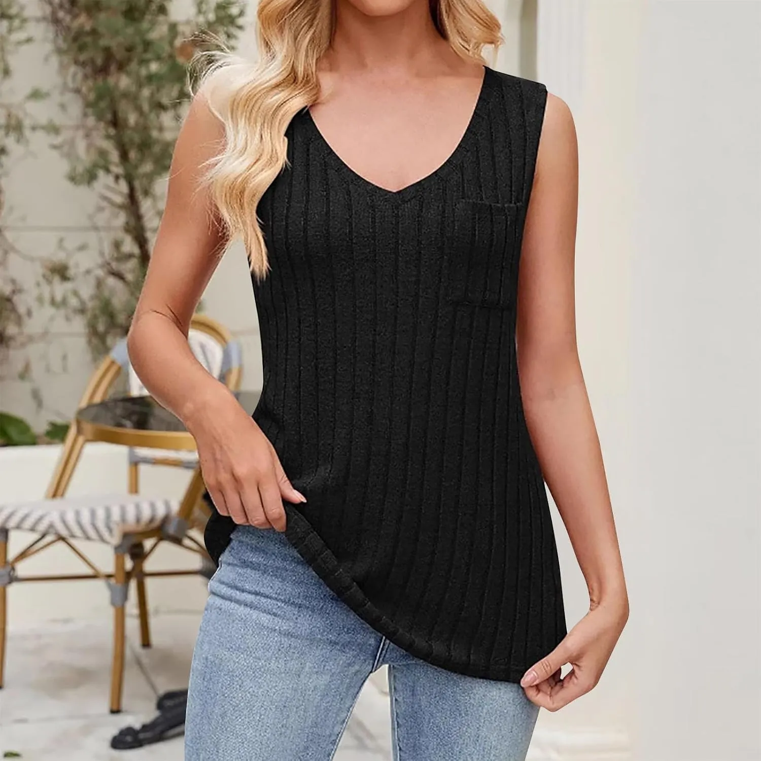 Women's Long Tank Tops Knit Sleeveless Casual Cozy T-Shirt V Neck Splicing Blouses Fashion Cozy Tanks with Pocket