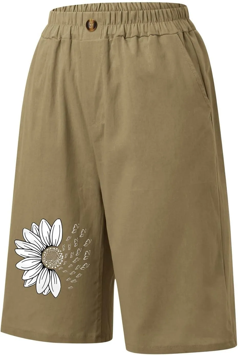 Women's Loose Bermuda Shorts Knee Length Daisy Printing Button Front Shorts Breathable Stretchy Soft-Fit Casual Short