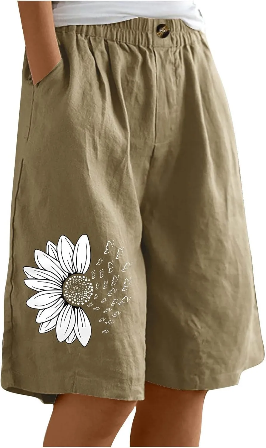 Women's Loose Bermuda Shorts Knee Length Daisy Printing Button Front Shorts Breathable Stretchy Soft-Fit Casual Short