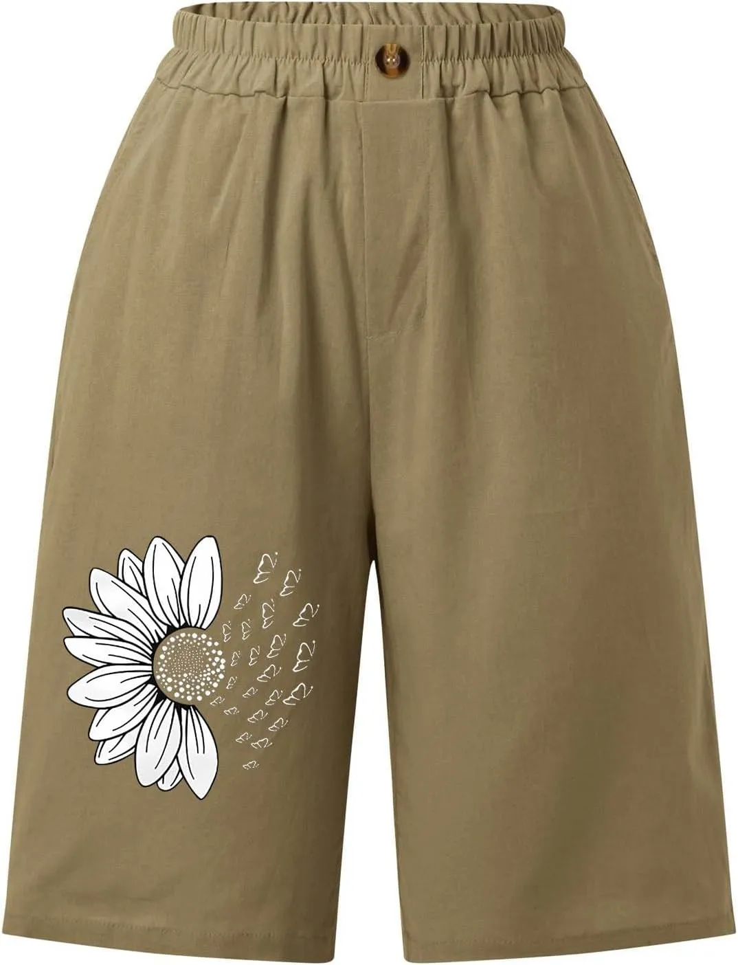 Women's Loose Bermuda Shorts Knee Length Daisy Printing Button Front Shorts Breathable Stretchy Soft-Fit Casual Short