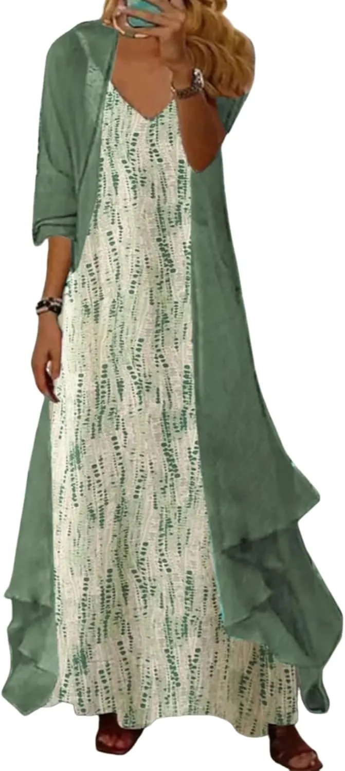 Women's Maxi Dress V-Neck 3/4 Sleeve Shift Floral with Jacket Chic Garden Party 2025 Spring Summer Dress