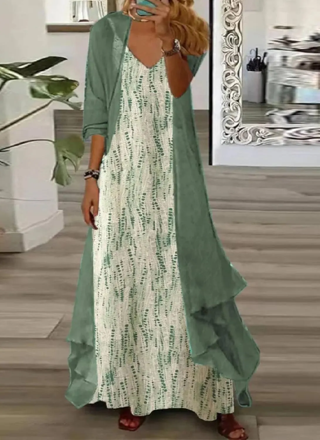 Women's Maxi Dress V-Neck 3/4 Sleeve Shift Floral with Jacket Chic Garden Party 2025 Spring Summer Dress