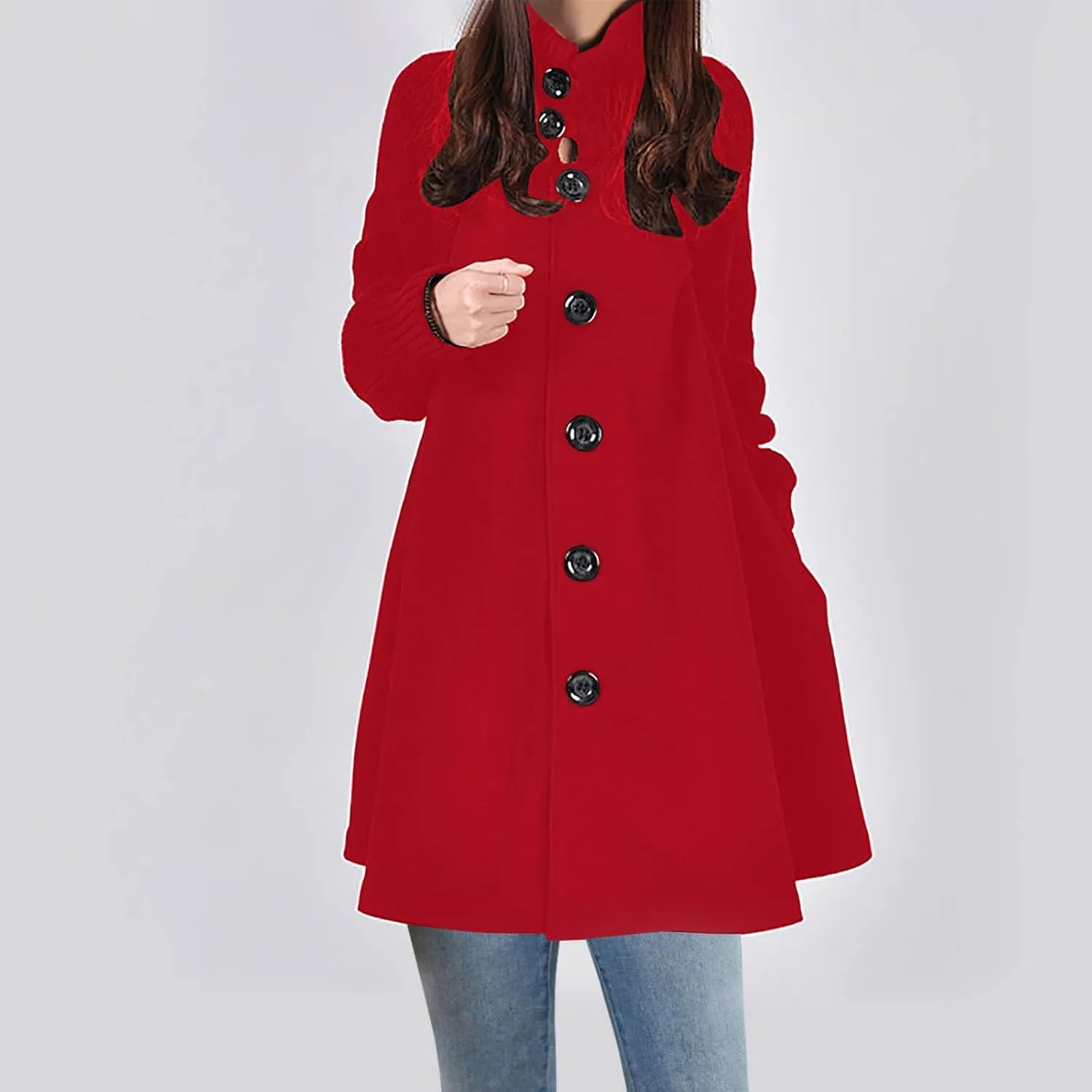 Women's Oversized Loose Long Length Button Coat, Fashion Soft Comfy Woolen Blend Casual Jackets Mock Neck Pea Coat