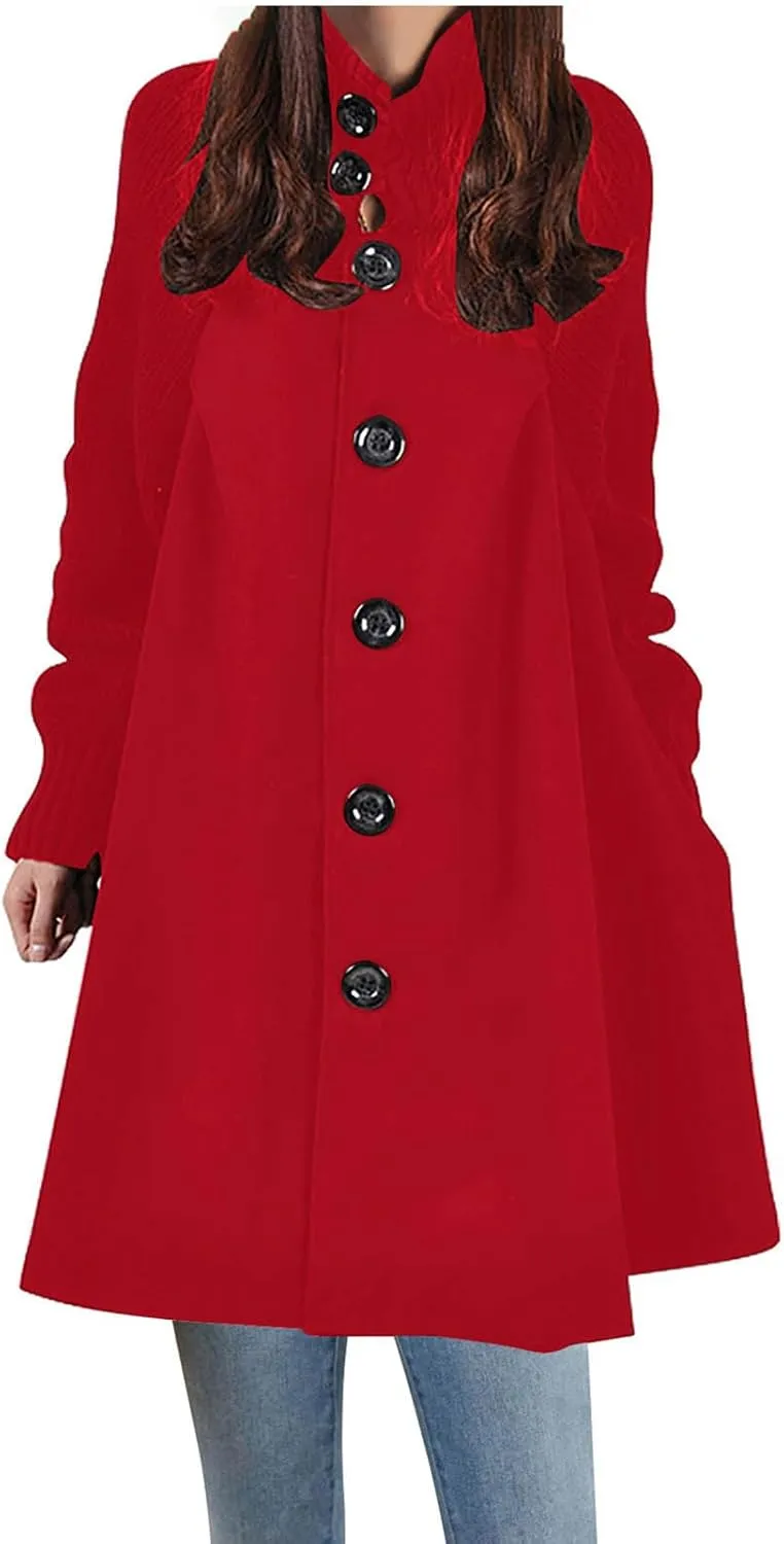 Women's Oversized Loose Long Length Button Coat, Fashion Soft Comfy Woolen Blend Casual Jackets Mock Neck Pea Coat