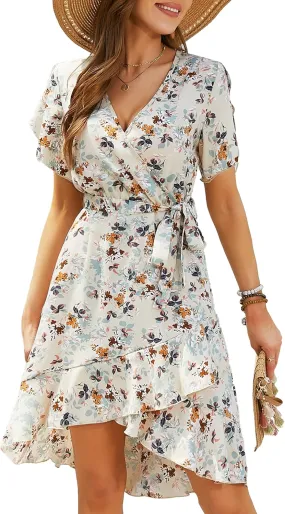 Womens Summer Dress 2025 Floral Boho Dress Wrap V Neck Short Sleeve Ruffle A Line Flowy High Low Midi Dresses