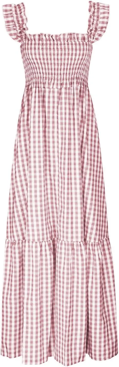 Womens Summer Dresses Casual Retro Plaid Smocked Dress Ruffled Spaghetti Strap Maxi Dress Flowy A Line Beach Dresses