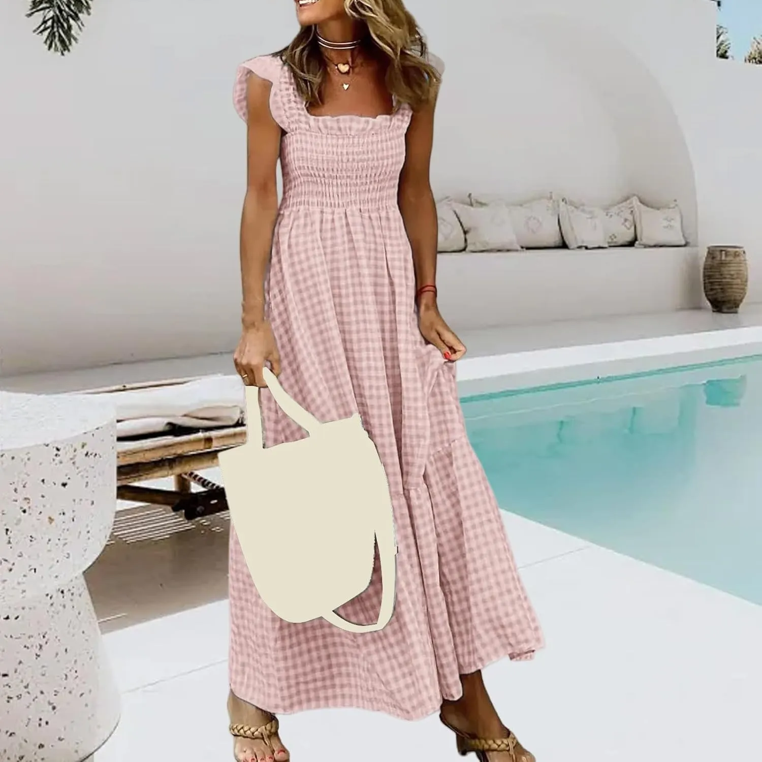 Womens Summer Dresses Casual Retro Plaid Smocked Dress Ruffled Spaghetti Strap Maxi Dress Flowy A Line Beach Dresses