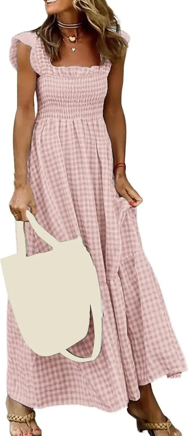 Womens Summer Dresses Casual Retro Plaid Smocked Dress Ruffled Spaghetti Strap Maxi Dress Flowy A Line Beach Dresses