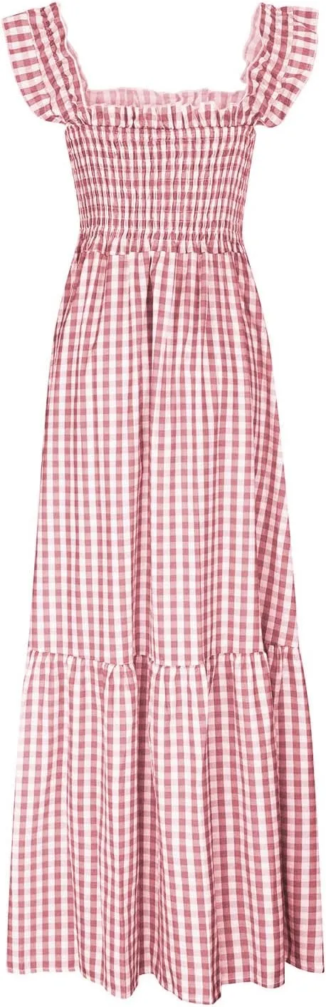 Womens Summer Dresses Casual Retro Plaid Smocked Dress Ruffled Spaghetti Strap Maxi Dress Flowy A Line Beach Dresses