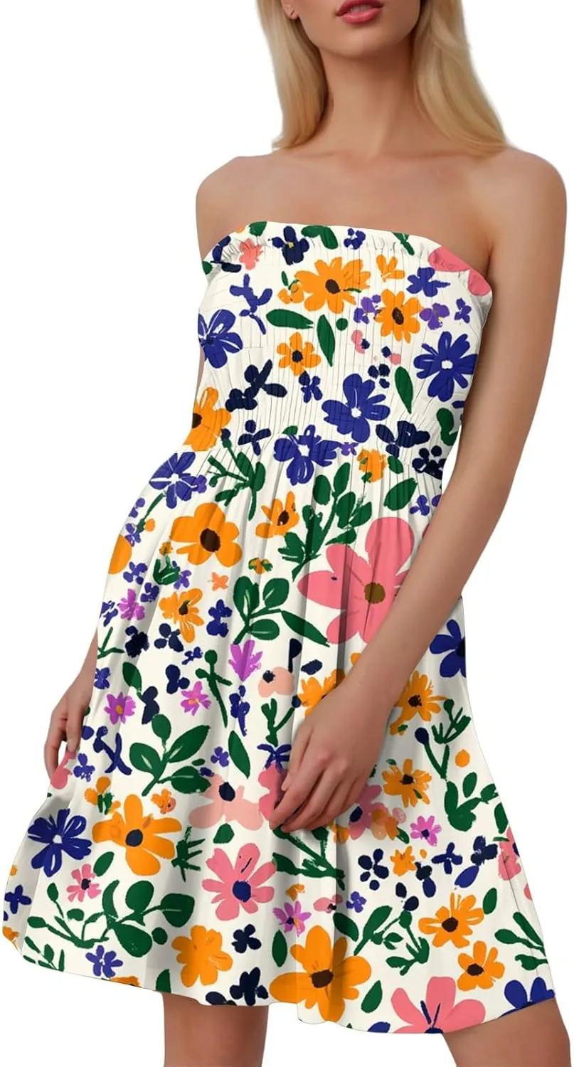 Women's Summer Dresses Strapless Boho Floral Mini Dress Casual Beach Cover Ups Tube Tops Sundress