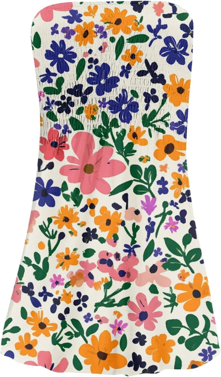 Women's Summer Dresses Strapless Boho Floral Mini Dress Casual Beach Cover Ups Tube Tops Sundress