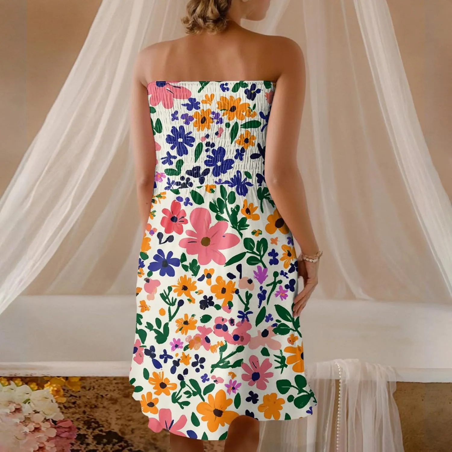 Women's Summer Dresses Strapless Boho Floral Mini Dress Casual Beach Cover Ups Tube Tops Sundress