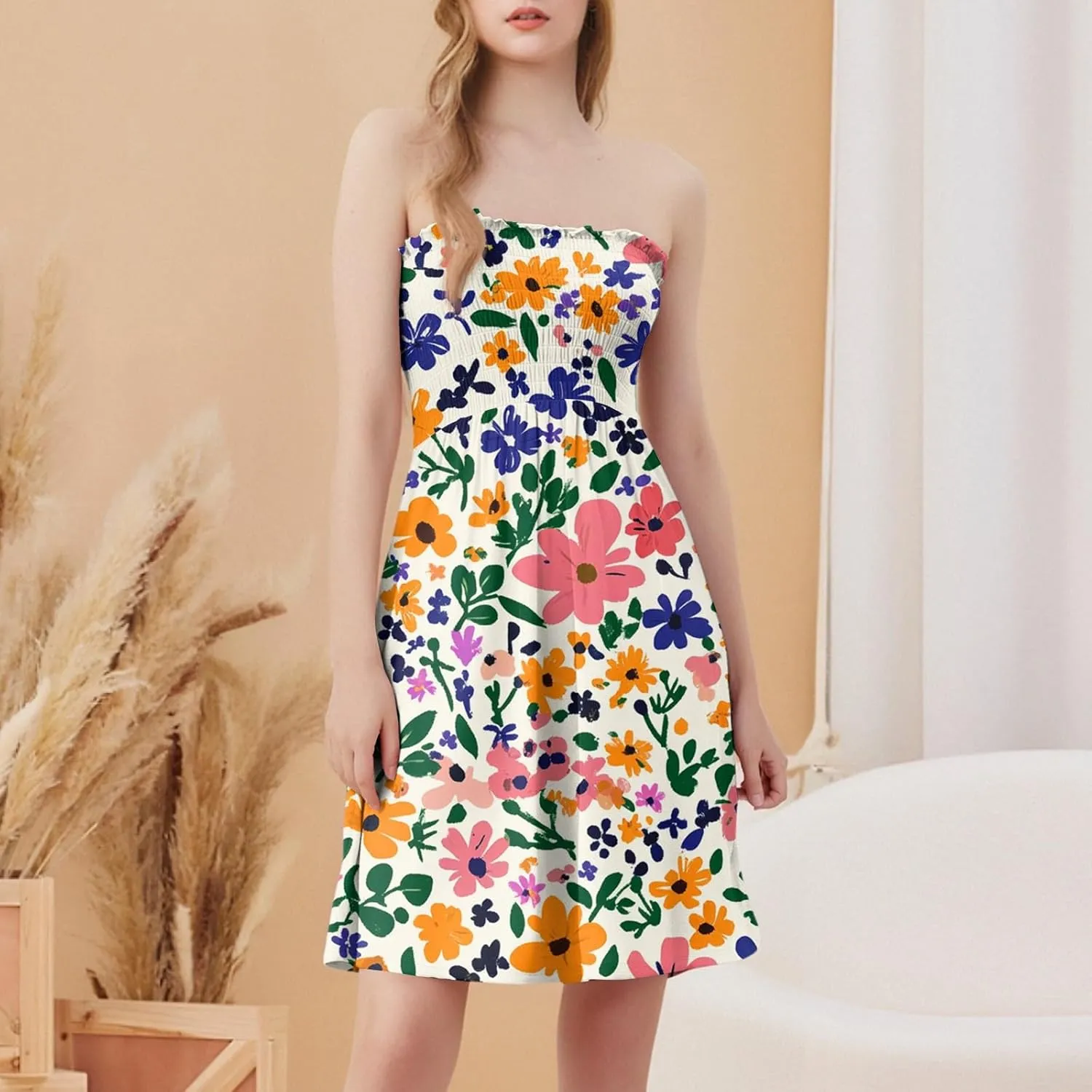 Women's Summer Dresses Strapless Boho Floral Mini Dress Casual Beach Cover Ups Tube Tops Sundress