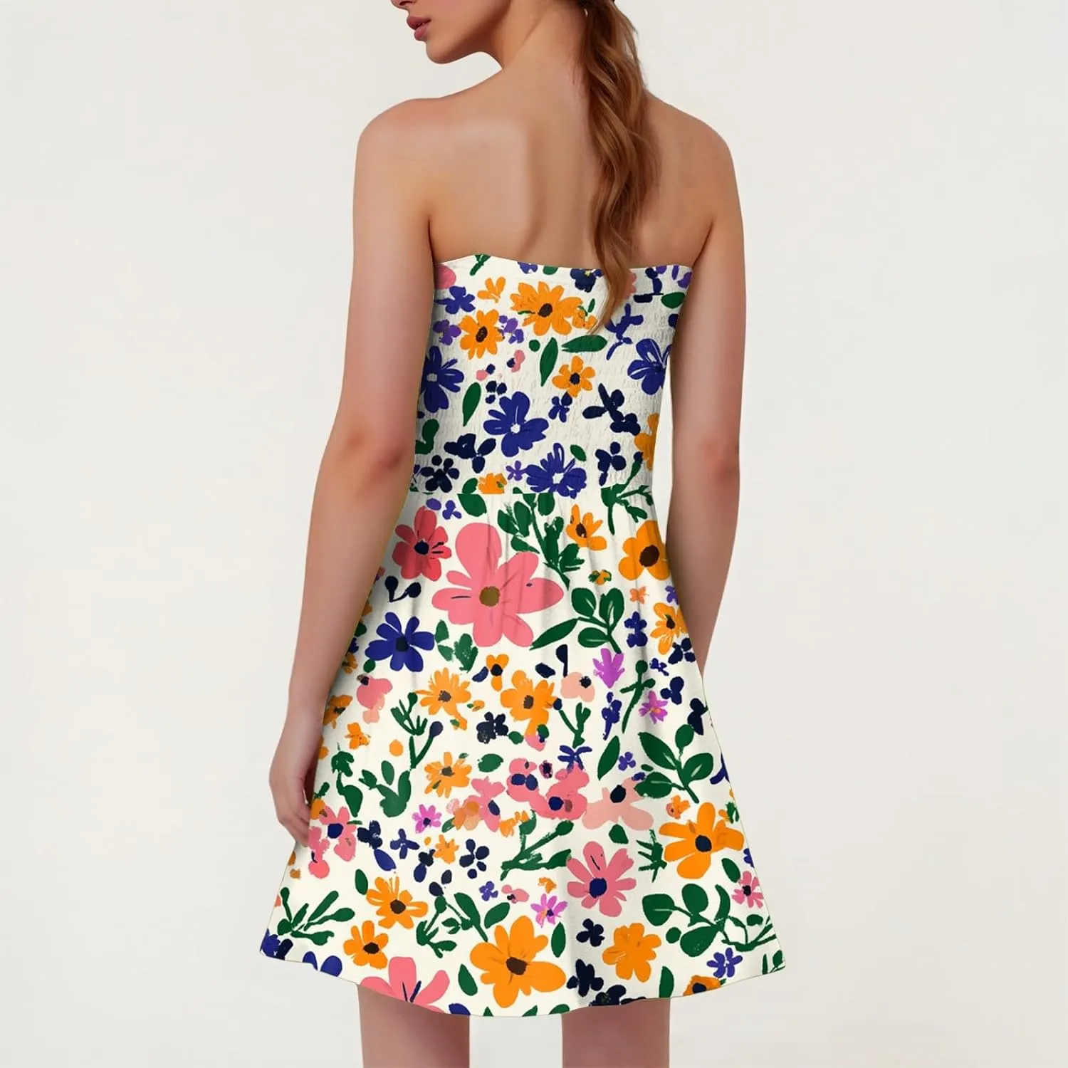Women's Summer Dresses Strapless Boho Floral Mini Dress Casual Beach Cover Ups Tube Tops Sundress