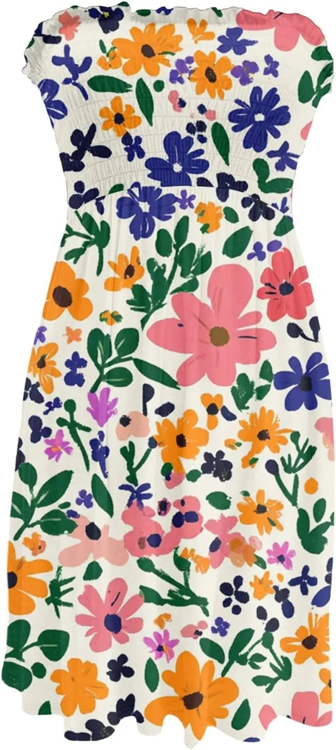 Women's Summer Dresses Strapless Boho Floral Mini Dress Casual Beach Cover Ups Tube Tops Sundress