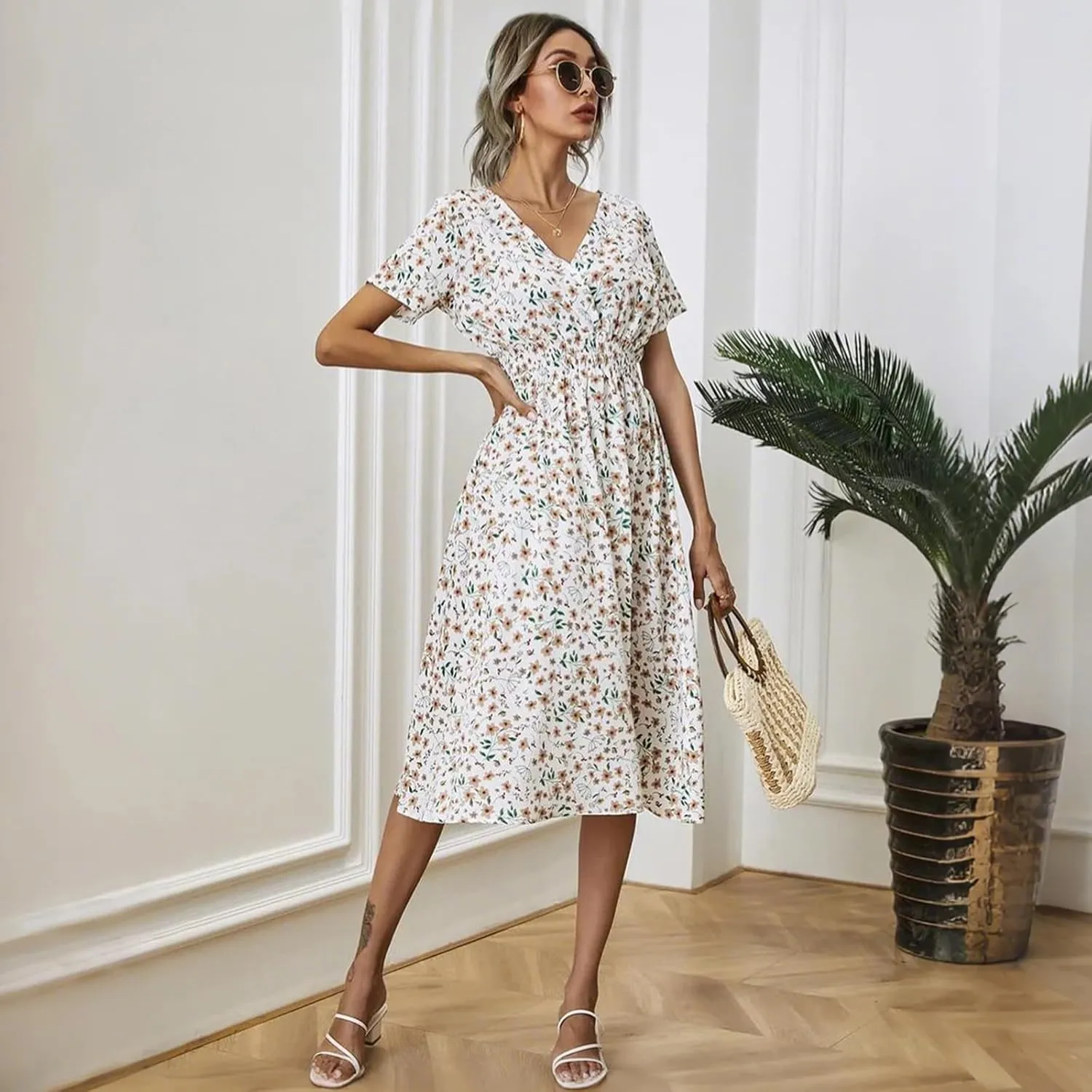 Women's Summer Floral Dress Short Sleeve V Neck Wrap Dresses with Elastic Waist Casual Knee Length A-Line Sundress