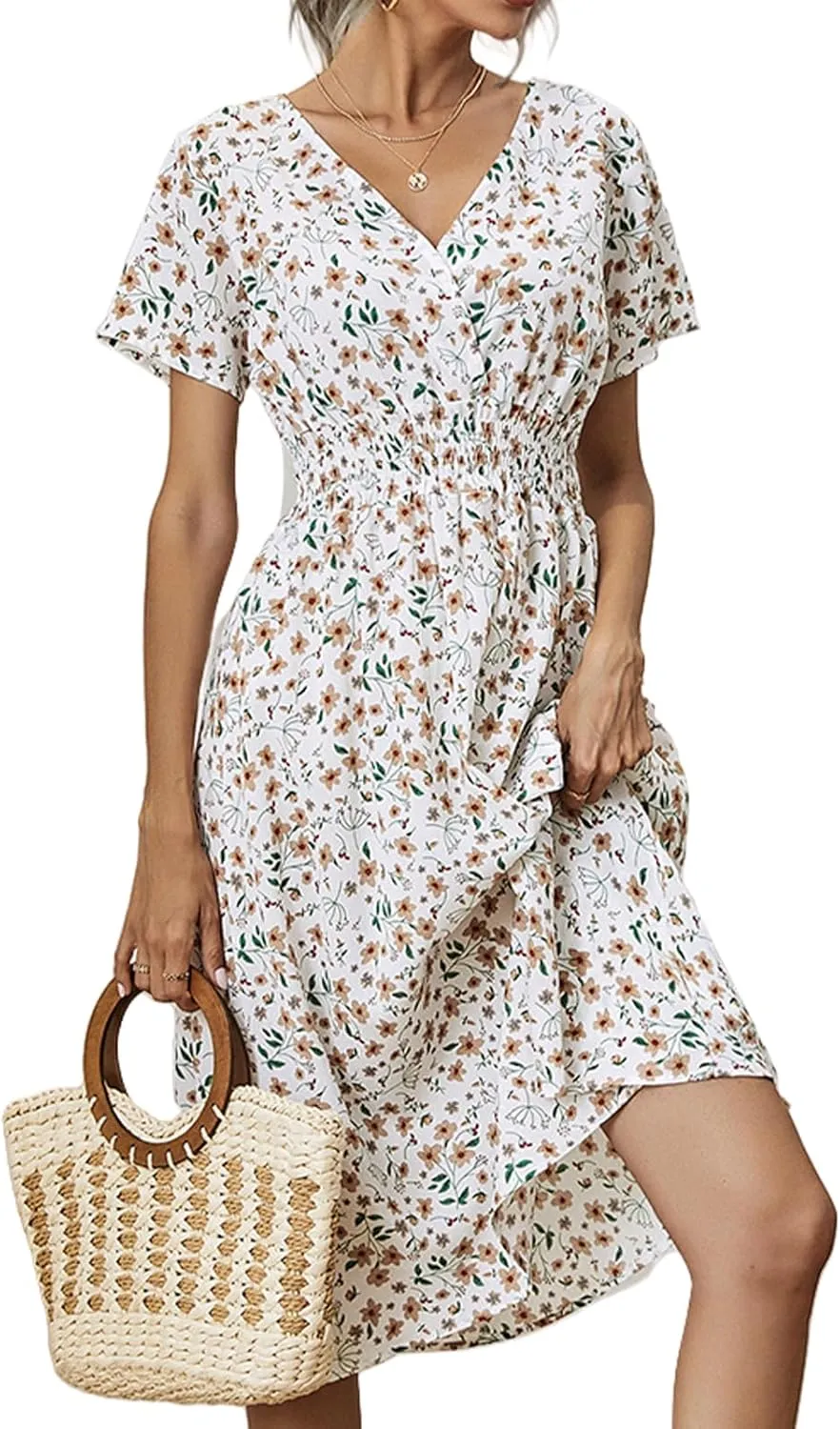 Women's Summer Floral Dress Short Sleeve V Neck Wrap Dresses with Elastic Waist Casual Knee Length A-Line Sundress