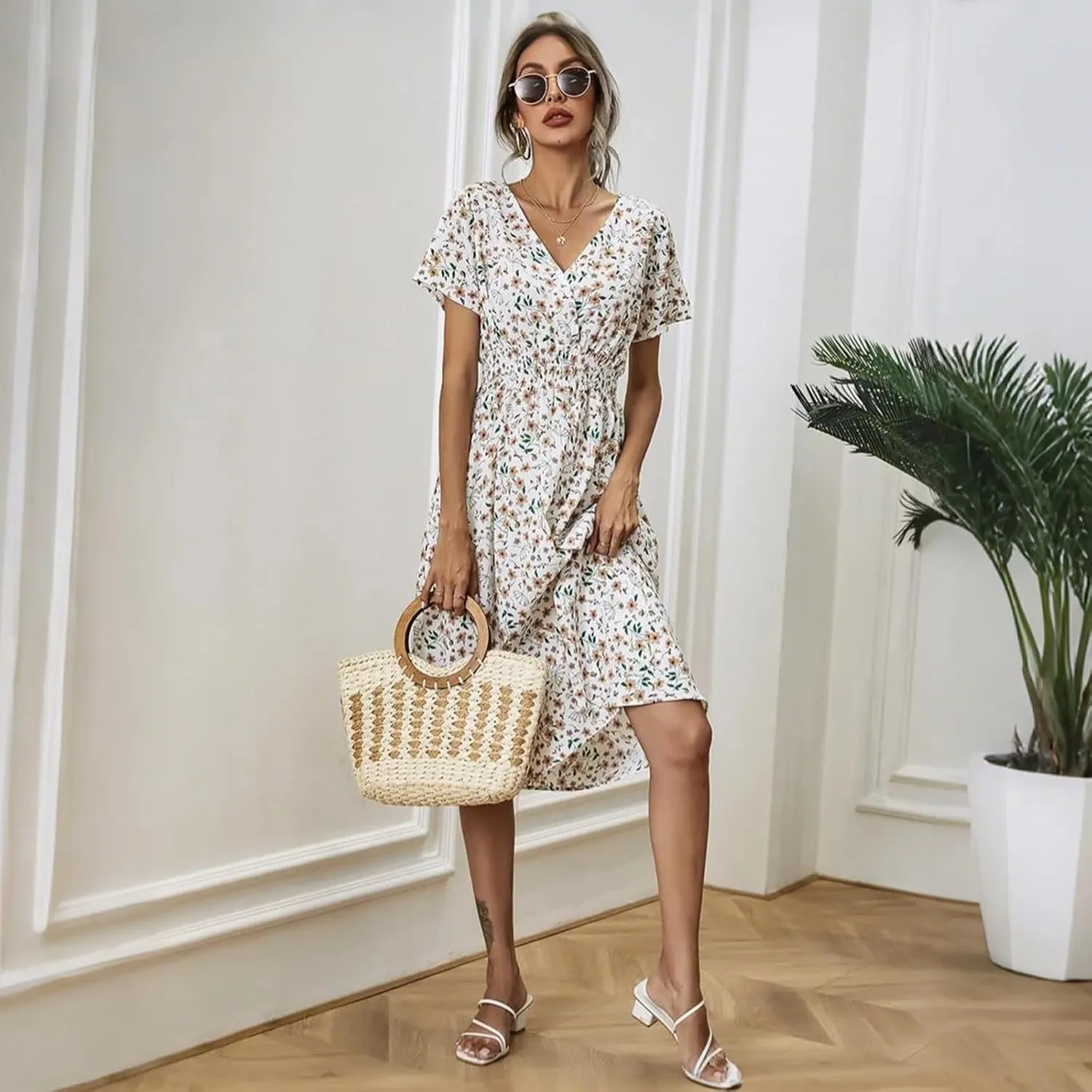 Women's Summer Floral Dress Short Sleeve V Neck Wrap Dresses with Elastic Waist Casual Knee Length A-Line Sundress